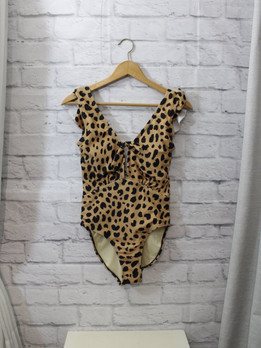 Marina West Small Tan Black Animal Print Ruffle Sleeve One Piece Swimsuit